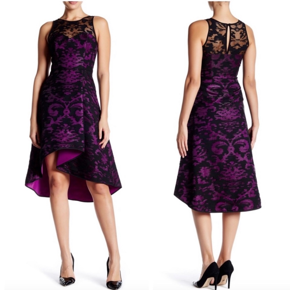 Milly Martina Fil Coupe Sleeveless Hi Low Flared Midi Dress Purple Black 12 NWT - Picture 2 of 16